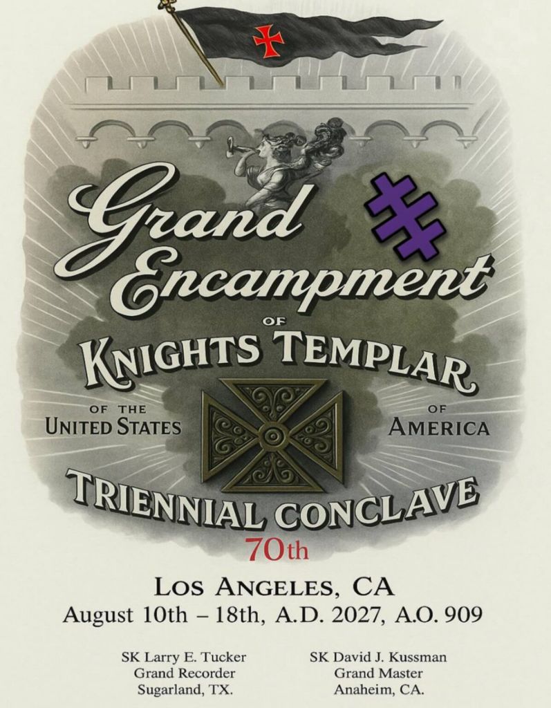 70th Triennial Conclave flyer — Grand Encampment of Knights Templar of the United States of America, Los Angeles, CA, August 10th–18th 2027